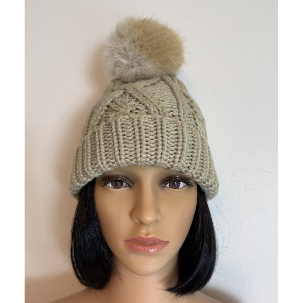 Nathaniel Cole 1934 Cable Knit Cuff Pom Pom Beanie Hat Beige Coyote Fur Winter